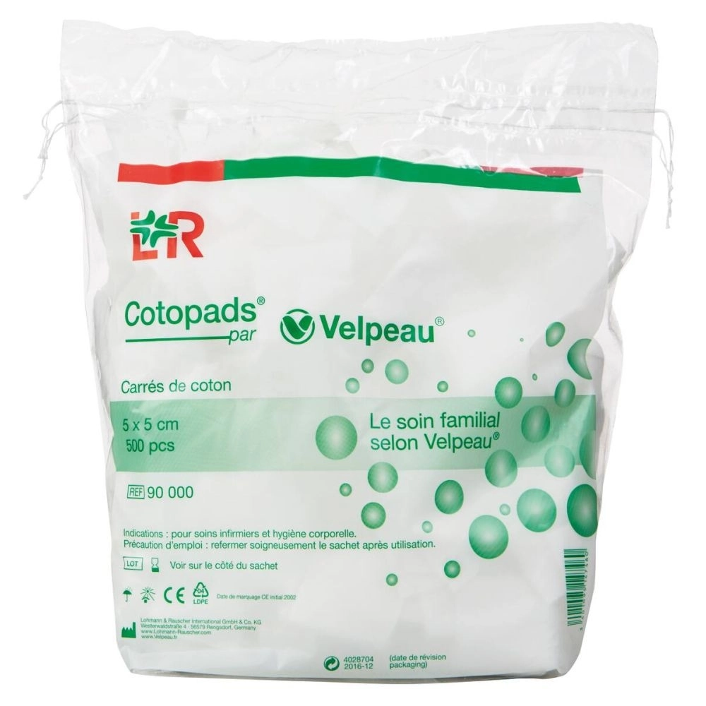 Coton non stérile COTOPADS – Carrés et rectangles 100% coton pour soins et hygiène - Dimensions L. 5 x l. 5 cm - Conditionnement  Conditionnement  1 sachet de 500