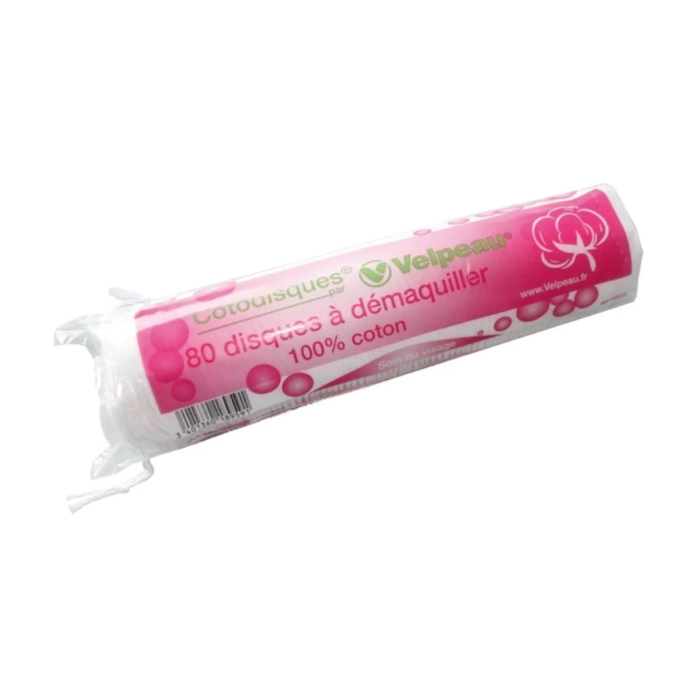 Disque à démaquiller COTODISQUES VELPEAU – Disques 100% coton pour le soin du visage, le démaquillage et le nettoyage de la peau - Conditionnement : 1 sachet de 80
