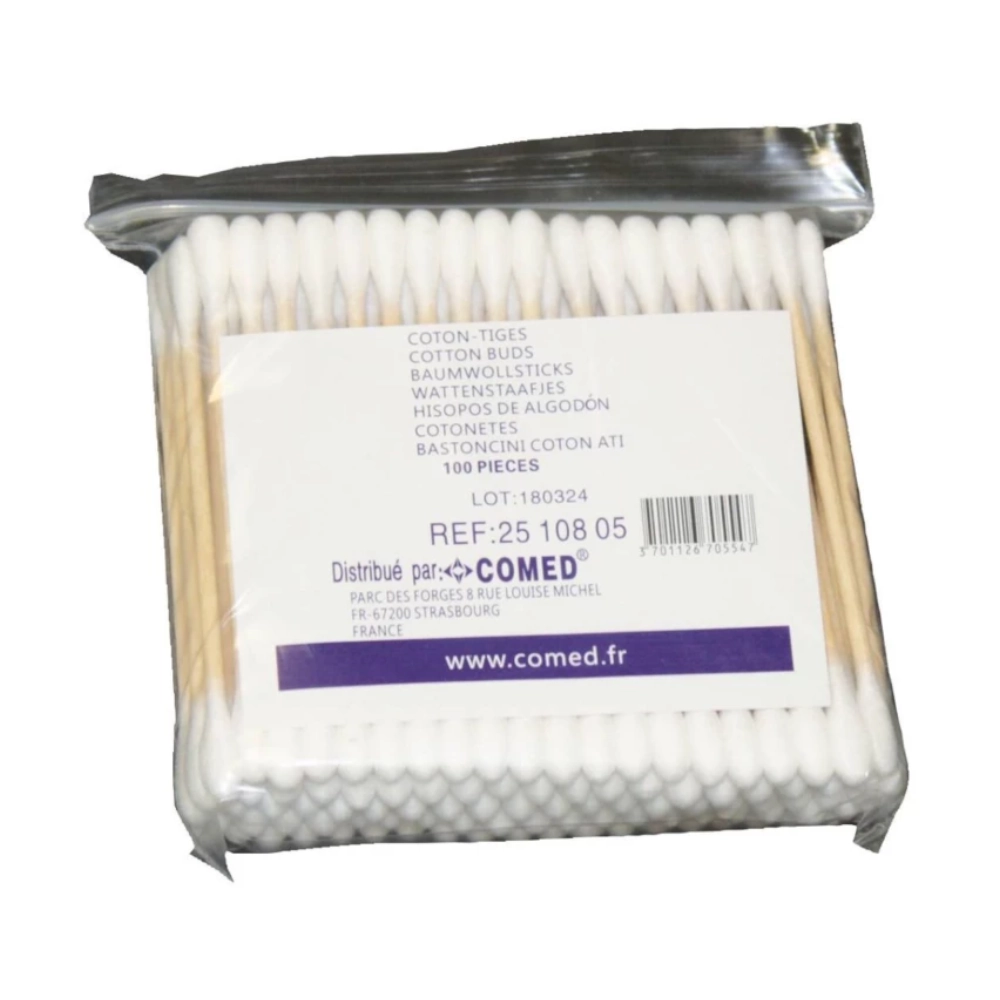 Coton-tiges en bois COMED – Embout en coton, bâtonnets en bois - Dimensions : Tige en bois de 7,5 cm  Conditionnement : 1 sachet de 100