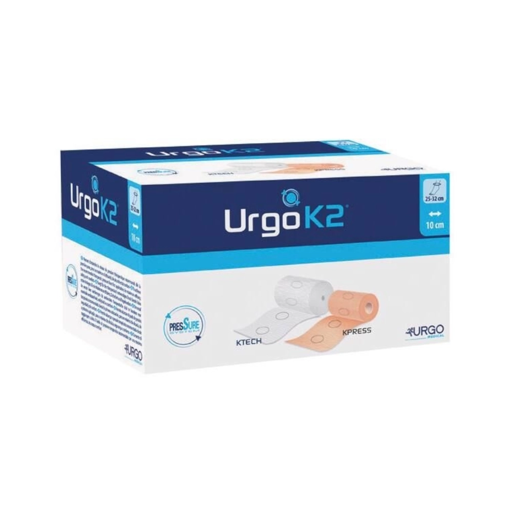 Système URGO K2 – Compression multi-types bi-bandes pour le traitement de l’ulcère veineux et de l’insuffisance veineuse chronique - Dimensions  KTECH L. 6 m KPRESS L. 7,5 m x l. 10 cm