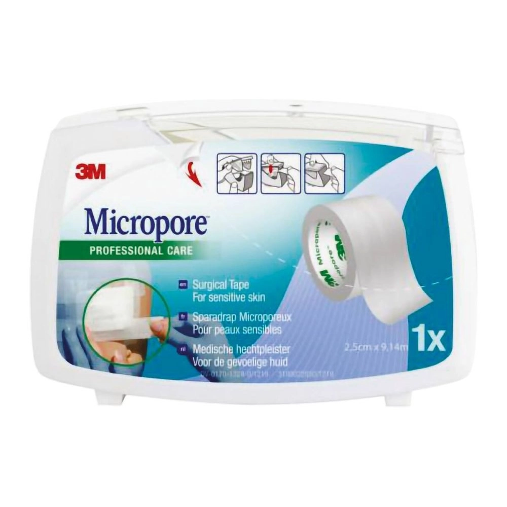Sparadrap 3M MICROPORE : Adhésif Médical Respirant et Fiable pour Soins Quotidiens - Coloris  BLANC - Dévidoir fermé - Dimension: L. 9,14 m x l. 2,5 cm - Conditionnement à l'unité