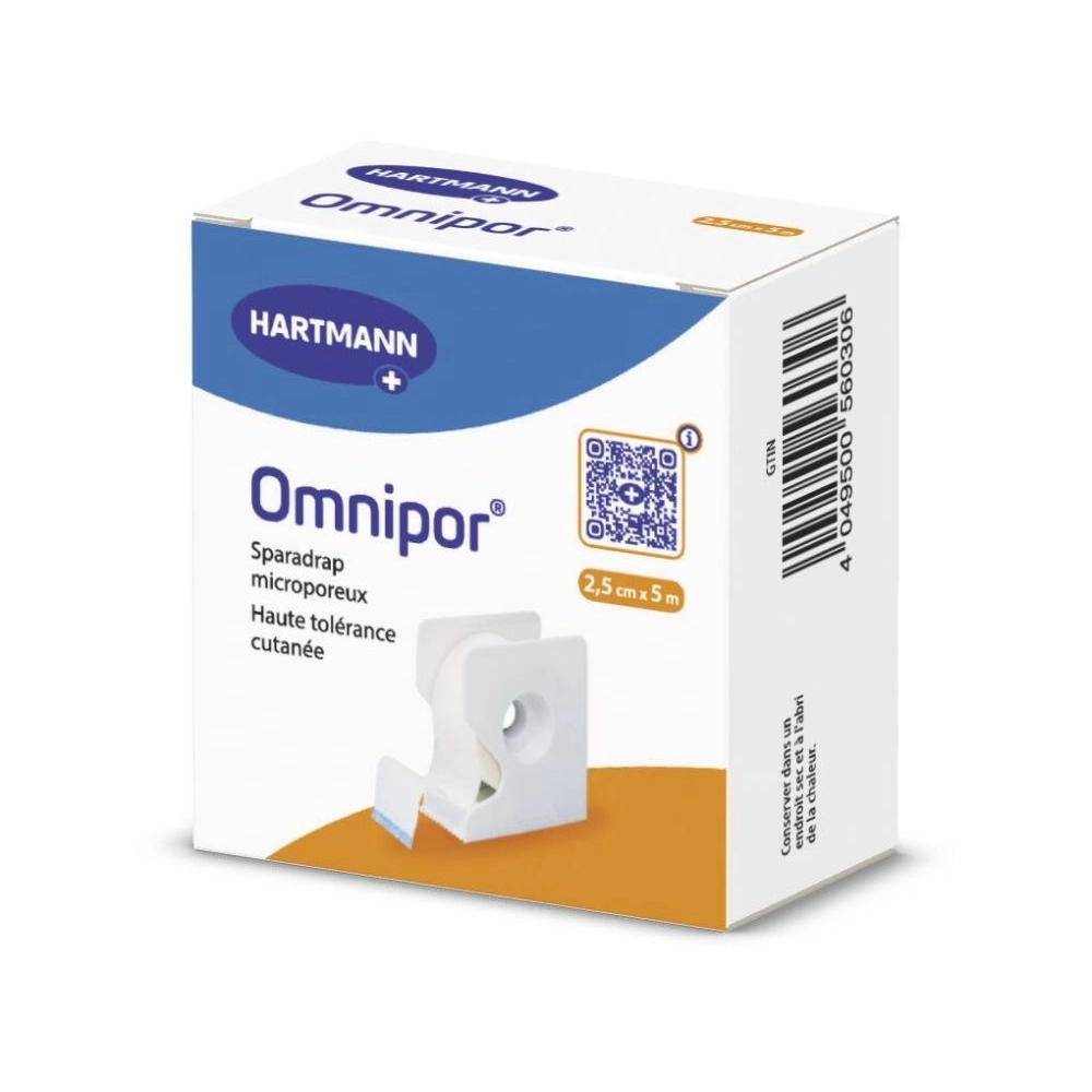 Sparadrap OMNIPOR – Fixation et maintien de pansements ou de bandages - Dimensions  L. 5 m x l. 2,5 cm - Conditionnement : À l'unité