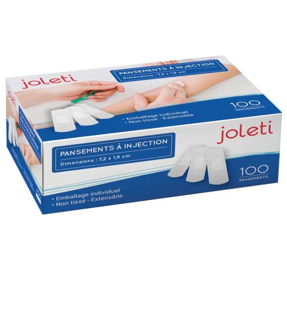 Pansement à injection JOLETI : la solution idéale pour une protection fiable et hygiénique - Dimensions : L. 7,2 x l. 1,9 cm  Conditionnement : 1 boîte de 100 