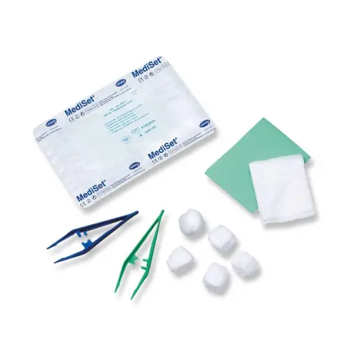 Set MEDISET® N°2 - 75 sets - Comprenant :1 pince anatomique. 5 tampons. 5 compresses. 1 pince Kocher. 1 champ 38 x 45 cm