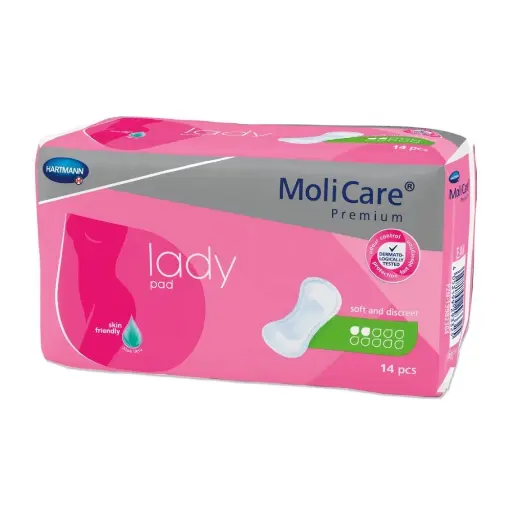 Protection anatomique avec triple coussin absorbant - MoliCare Premium Lady Pad  - 252 Protections - 2 Gouttes - Taux d'absorption  331 mL - Dimension 26,5 cm