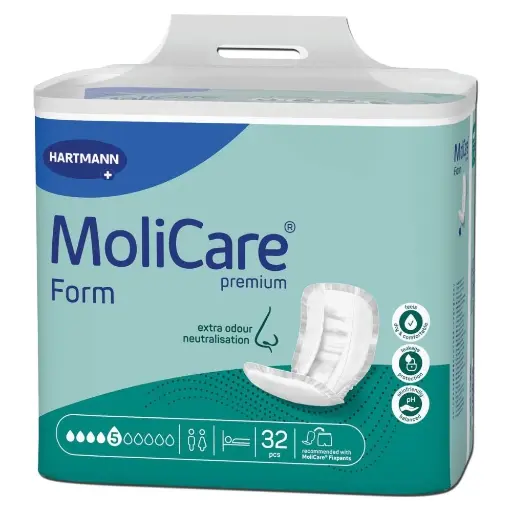 Grandes protections anatomiques absorbantes - Molicare Premium Form - 128 Protections - 5 Gouttes - Taux d'absorption  1661mL