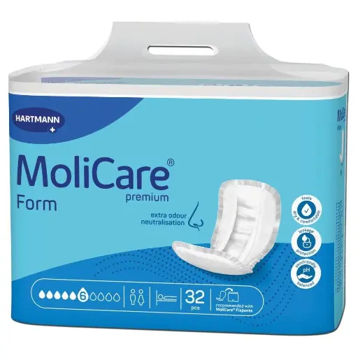 Grandes protections anatomiques absorbantes - Molicare Premium Form - 128 Protections - 6 Gouttes - Taux d'absorption  2353 mL (copie)