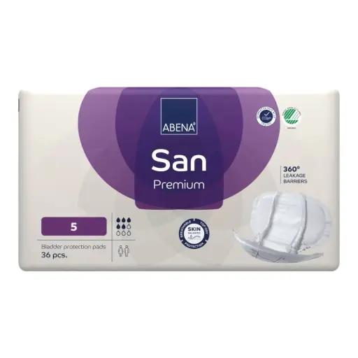 Protections anatomiques confortables et discrètes - ABENA San Premium  - 144 protections - 5 gouttes - Taux d'absorption: 1200 mL - Dimensions 54x28 cm