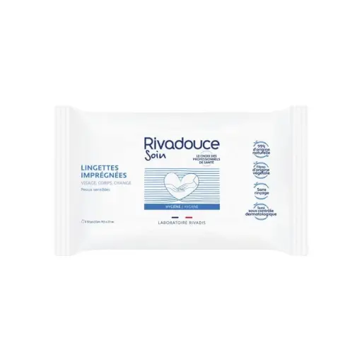 Lingette imprégnée RIVADOUCE : le choix hygiénique, doux et pratique pour les soins quotidiens - Dimensions : 19,5 x 22 cm  Conditionnement : 1 flow-pack de 50 lingettes
