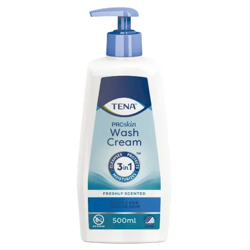 Crème lavante TENA Wash Cream ProSkin : laver, hydrater et protéger la peau en un seul geste - 1 flacon pompe de 500 mL 