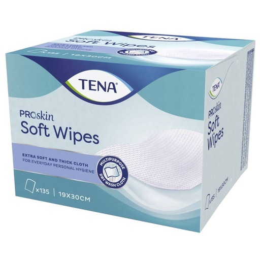 Carré TENA Soft Wipes ProSkin : l’excellence pour le soin des peaux sensibles - Dimensions: 30 x 19 cm - Conditionnement : 8 sachets de 135