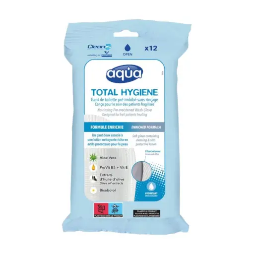 Gant pré-imprégné solution nettoyante AQUA : la toilette sans rinçage idéale pour les patients alités, incontinents ou dépendants - Conditionnement : 1 sachet de 12