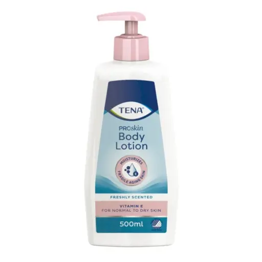 Lotion hydratante TENA Body Lotion ProSkin : le soin quotidien idéal pour les peaux desséchées, kératosiques ou à tendance dermatose - Conditionnement : 1 flacon pompe de 500 ml