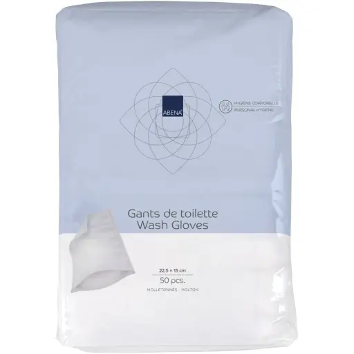 Gant de toilette jetable ABENA : hygiène, confort et sécurité au service des soins - Molletonnés - Dimensions: 15 x 22,5 cm - Conditionnement : 15 sachets de 50