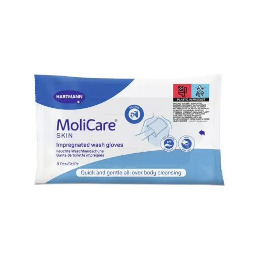 Gants de toilette imprégnés Molicare Skin : l’hygiène pratique et douce pour les peaux sensibles - Gant de toilette imprégné - Dimensions:  22 x 15 cm - Conditionnement :  1 sachet de 8