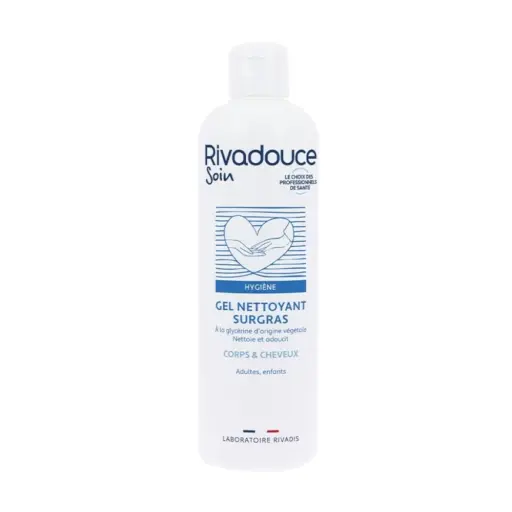 Gel nettoyant surgras RIVADOUCE - gel lavant hydratant sans parfum, adapté aux peaux sensibles et sèches et aux cheveux - Conditionnement :  1 flacon de 500 ml