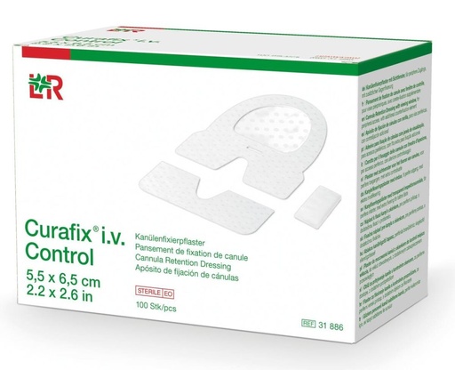 Pansement CURAFIX IV CONTROL – Fixation fiable et protection optimale pour cathéters - Dimensions  L. 6,5 x l. 5,5 cm - Conditionnement  1 boîte de 100