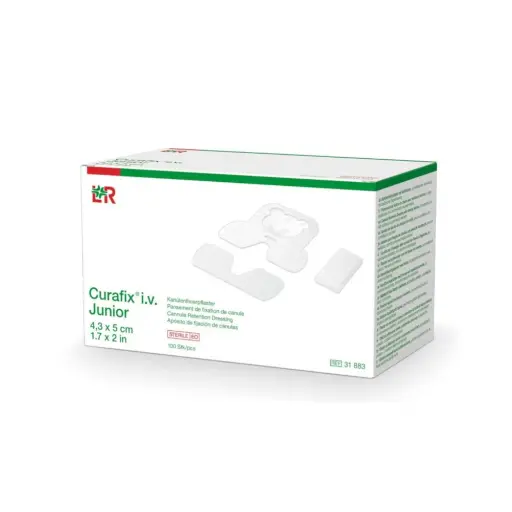 Pansement CURAFIX I.V. JUNIOR – Protection et fixation optimale pour les sites d’injection en pédiatrie - Dimensions : L. 5 x l. 4,3 cm  Conditionnement : 1 boîte de 100