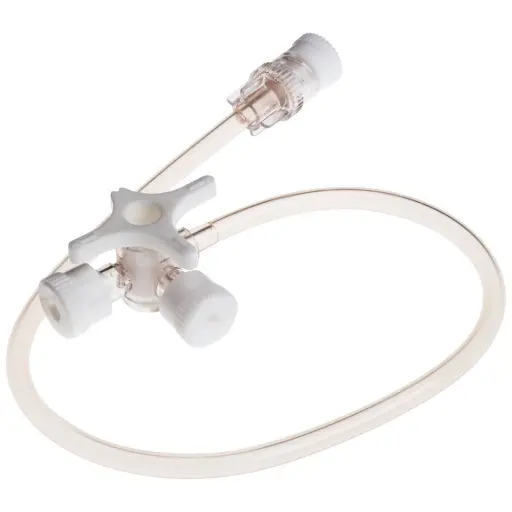 Robinet 3 voies BD CONNECTA – Accessoires de perfusion et de prélèvement - BLANC - Avec prolongateur de 25 cm  -  Conditionnement : 1 boîte de 20