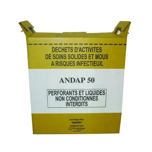 Caisse en carton avec sac intérieur – Solution conforme et sécurisée pour le conditionnement des DASRI - Forme basse - FÛT 50 L - L. 40,1 x P. 29,6 x H. 43,5 cm