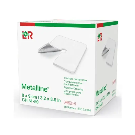 Compresse trachéotomie stérile METALLINE : Hygiène et sécurité pour les patients trachéotomisés - Dimensions : L. 9 x l. 8 cm  - Conditionnement : 1 boîte de 50