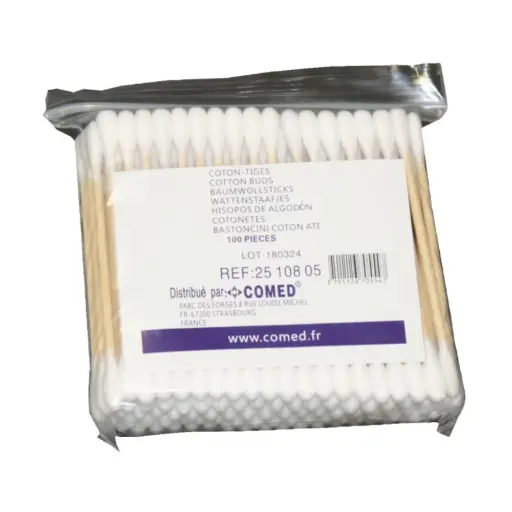 Coton-tiges en bois COMED – Embout en coton, bâtonnets en bois - Dimensions : Tige en bois de 7,5 cm  Conditionnement : 1 sachet de 100